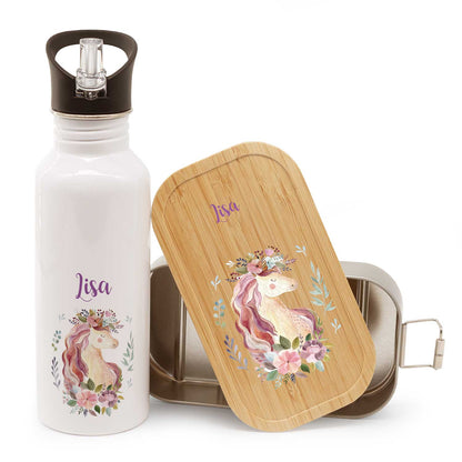 Bedruckte Brotdose & Trinkflasche im Set - Einhorn V2