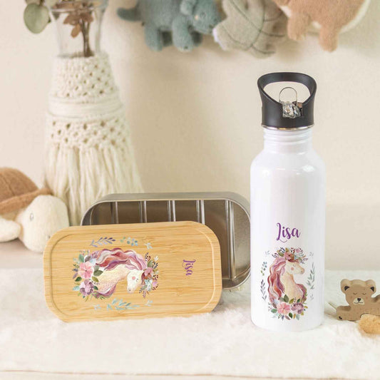 Bedruckte Brotdose & Trinkflasche im Set - Einhorn V2
