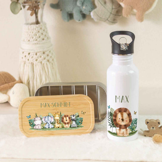 Bedruckte Brotdose & Trinkflasche im Set - Tiergruppe