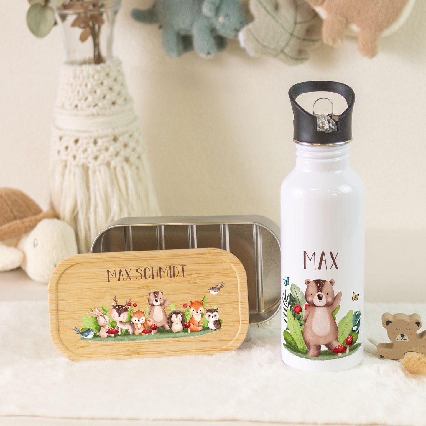 Bedruckte Brotdose & Trinkflasche im Set - Tiergruppe