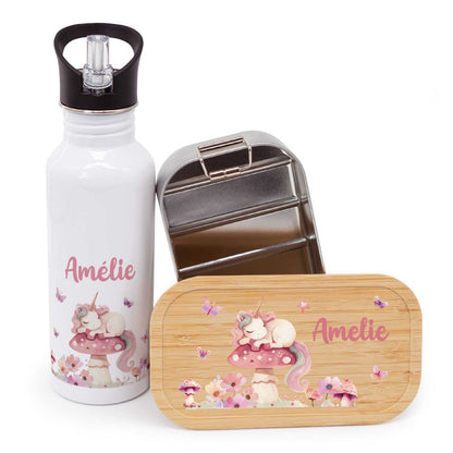 Bedruckte Brotdose & Trinkflasche im Set - Schlafendes Einhorn