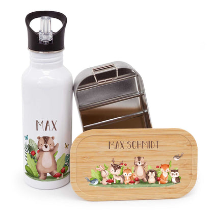 Bedruckte Brotdose & Trinkflasche im Set - Tiergruppe