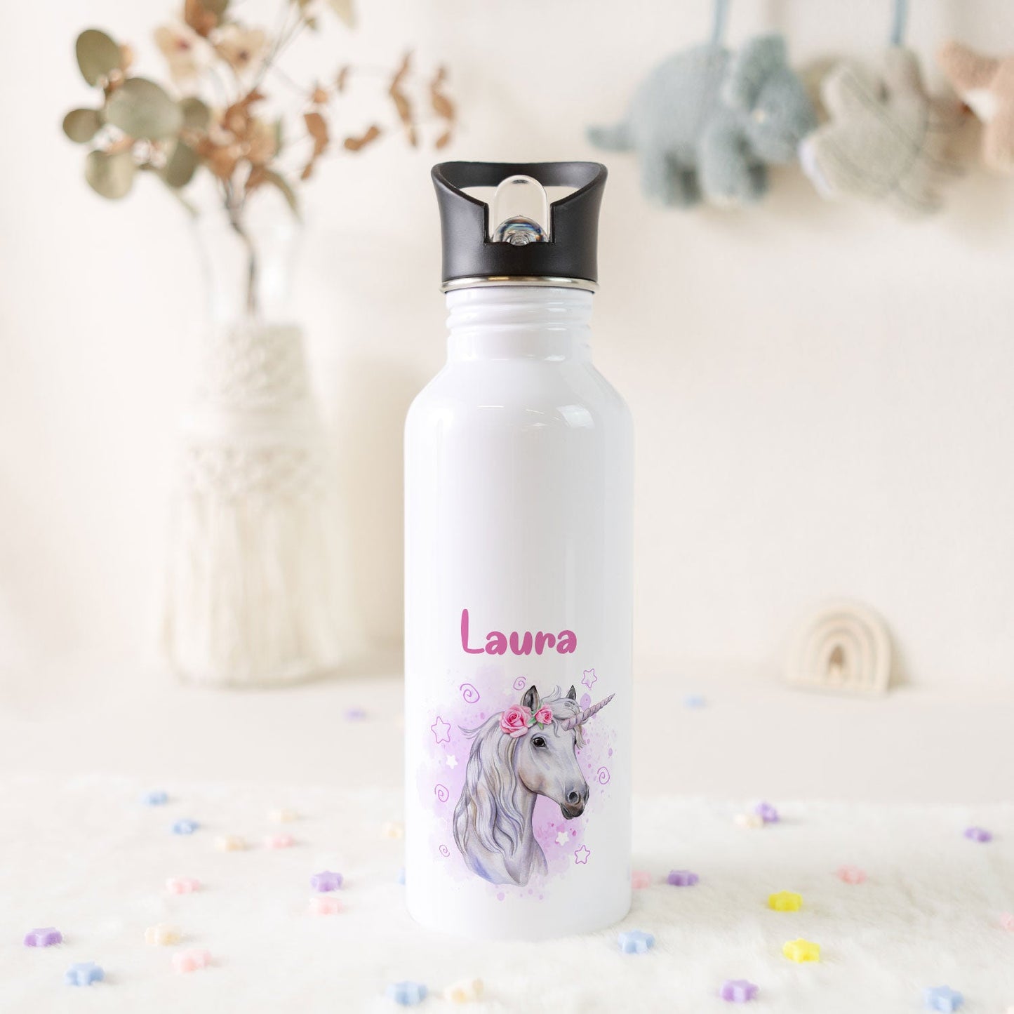 Bedruckte Trinkflasche aus Edelstahl - Einhorn