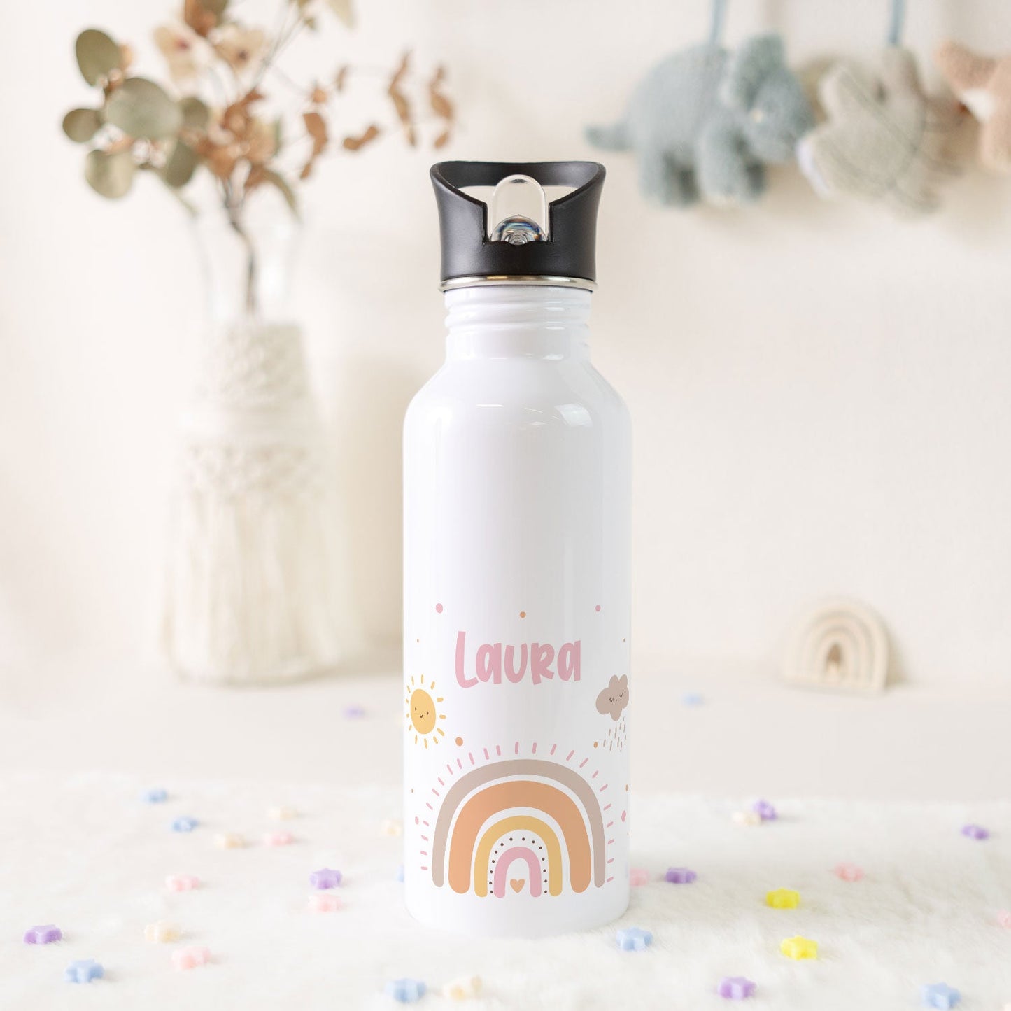 Bedruckte Trinkflasche aus Edelstahl - Regenbogen Pastell