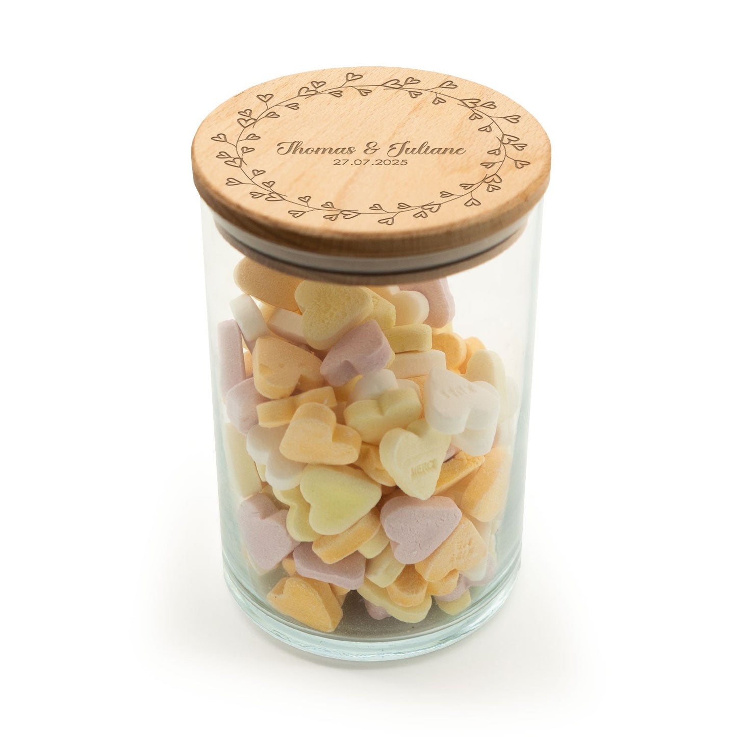 Graviertes Vorratsglas mit Holzdeckel - Kranz Herzen