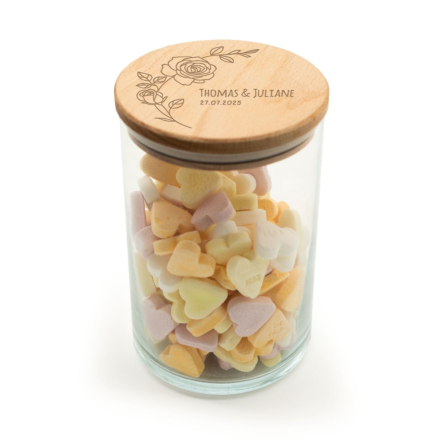 Graviertes Vorratsglas mit Holzdeckel - Rose
