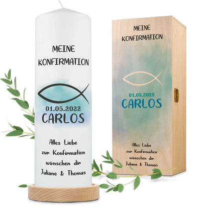 Bedruckte große Kerze "Konfirmation/Kommunion Fisch" mit Namen
