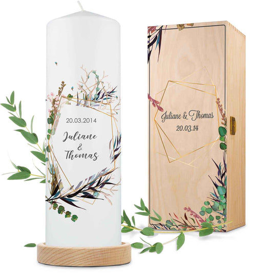 Große Kerze "Flower Polygon" - Hochzeitskerze mit Namen, Datum & Wunschtext