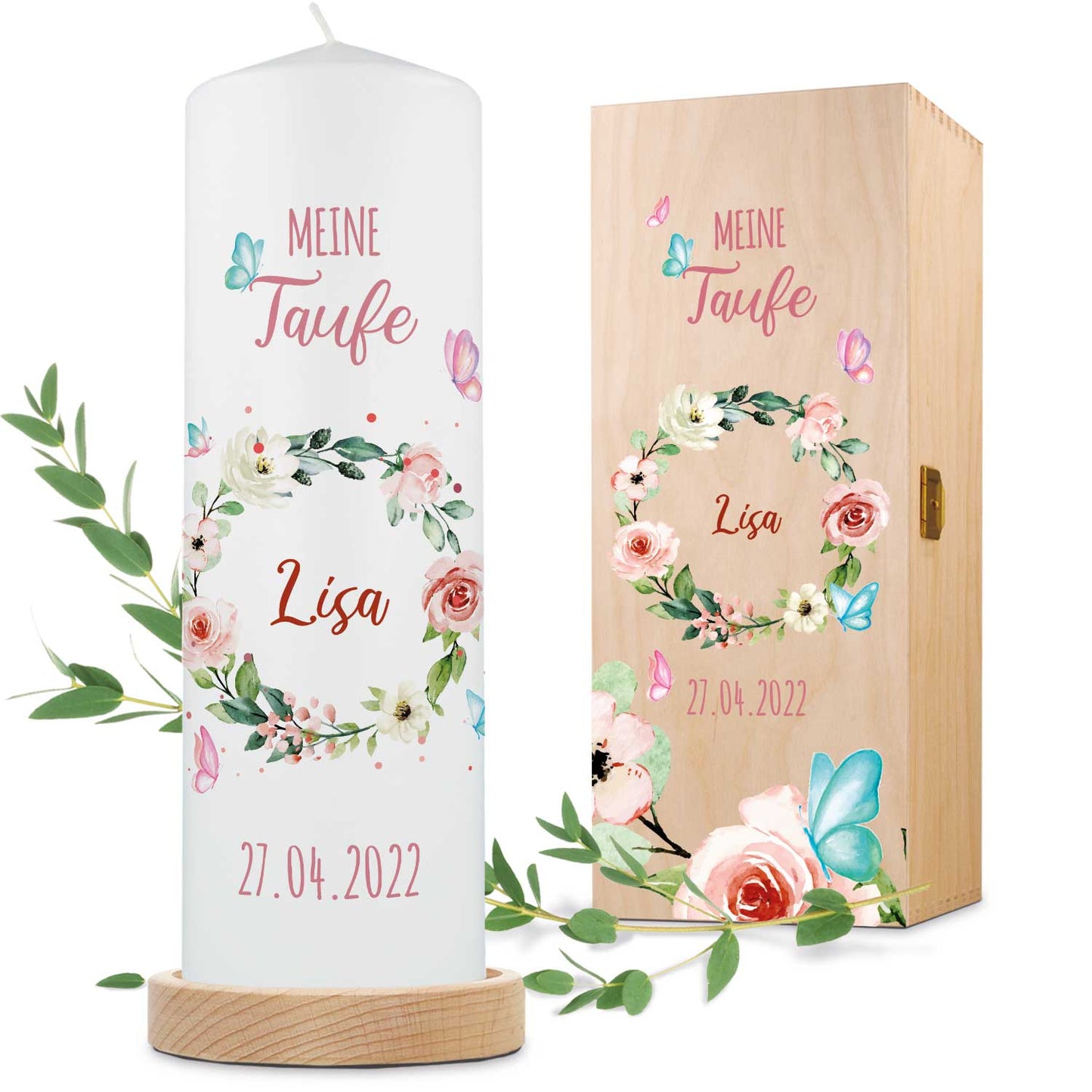 Große Kerze "Blumenkranz" - Taufkerze mit Namen & Datum