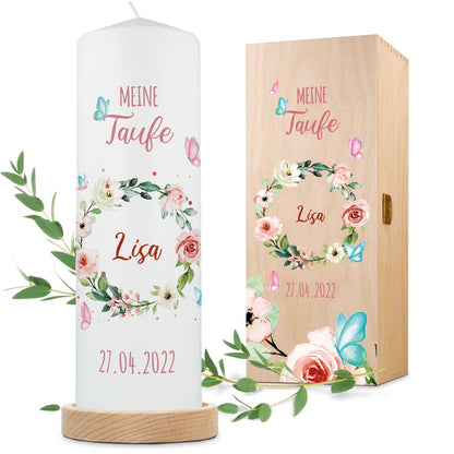Große Kerze "Blumenkranz" - Taufkerze mit Namen & Datum