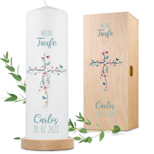 Große Kerze "Blumenkreuz" - Taufkerze mit Namen & Datum
