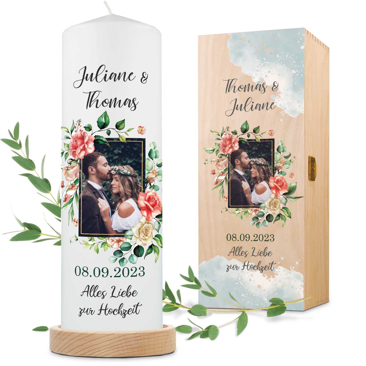 Große Kerze - "Hochzeitsfoto" - Hochzeitskerze mit Foto, Namen, Datum & Wunschtext