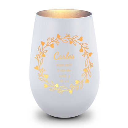Deko Windlicht aus Glas mit Gravur - Geschenk zur Geburt - Personalisiert mit Namen
