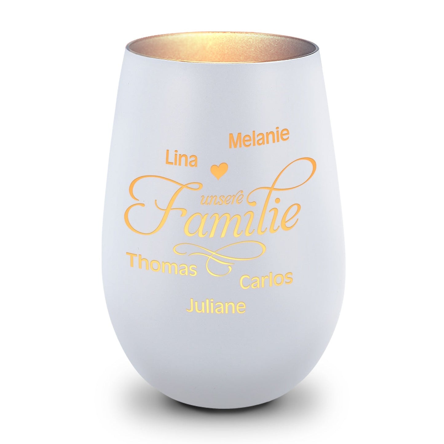 Deko Windlicht aus Glas mit Gravur - Unsere Familie - Personalisiert mit bis zu fünf Namen