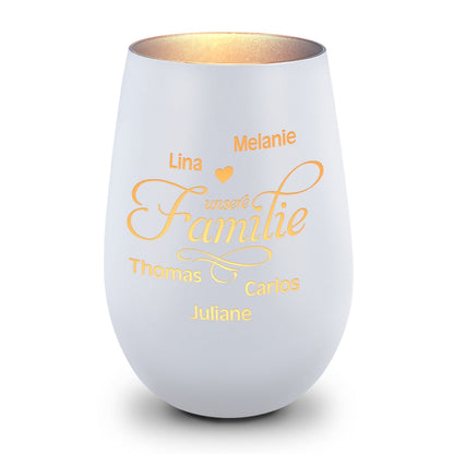 Deko Windlicht aus Glas mit Gravur - Unsere Familie - Personalisiert mit bis zu fünf Namen