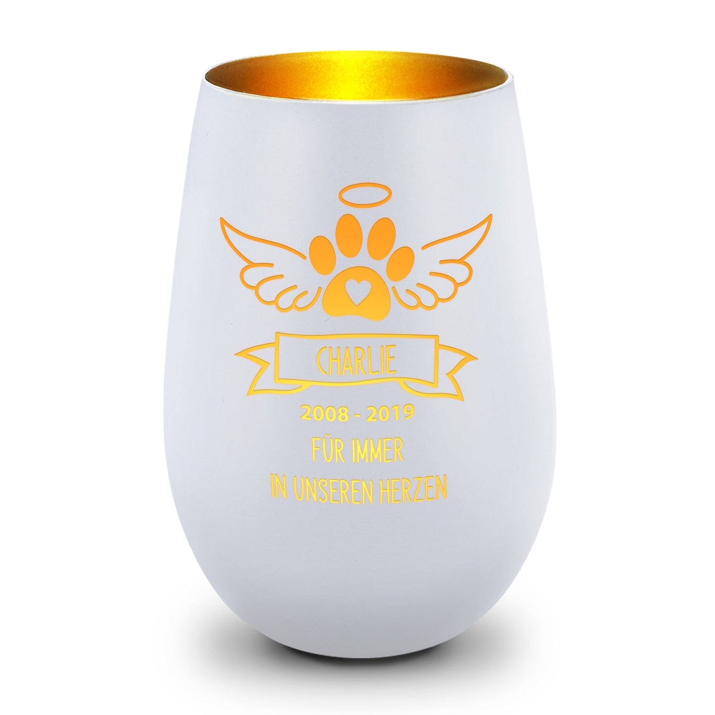 Deko Windlicht aus Glas mit Gravur - Pfotenengel - Personalisiert mit Namen & Datum