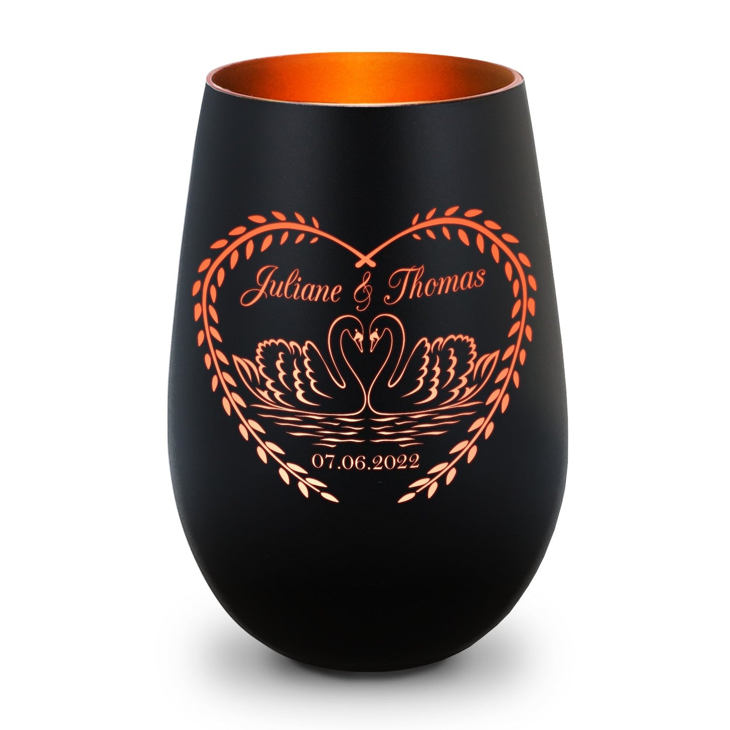 Deko Windlicht aus Glas mit Gravur - Schwanenherz v2 - Personalisiert mit Namen & Datum