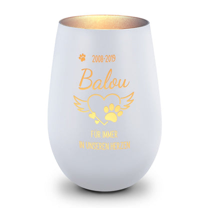 Deko Windlicht aus Glas mit Gravur - Pfotenherz - Personalisiert mit Namen & Datum - Trauerlicht