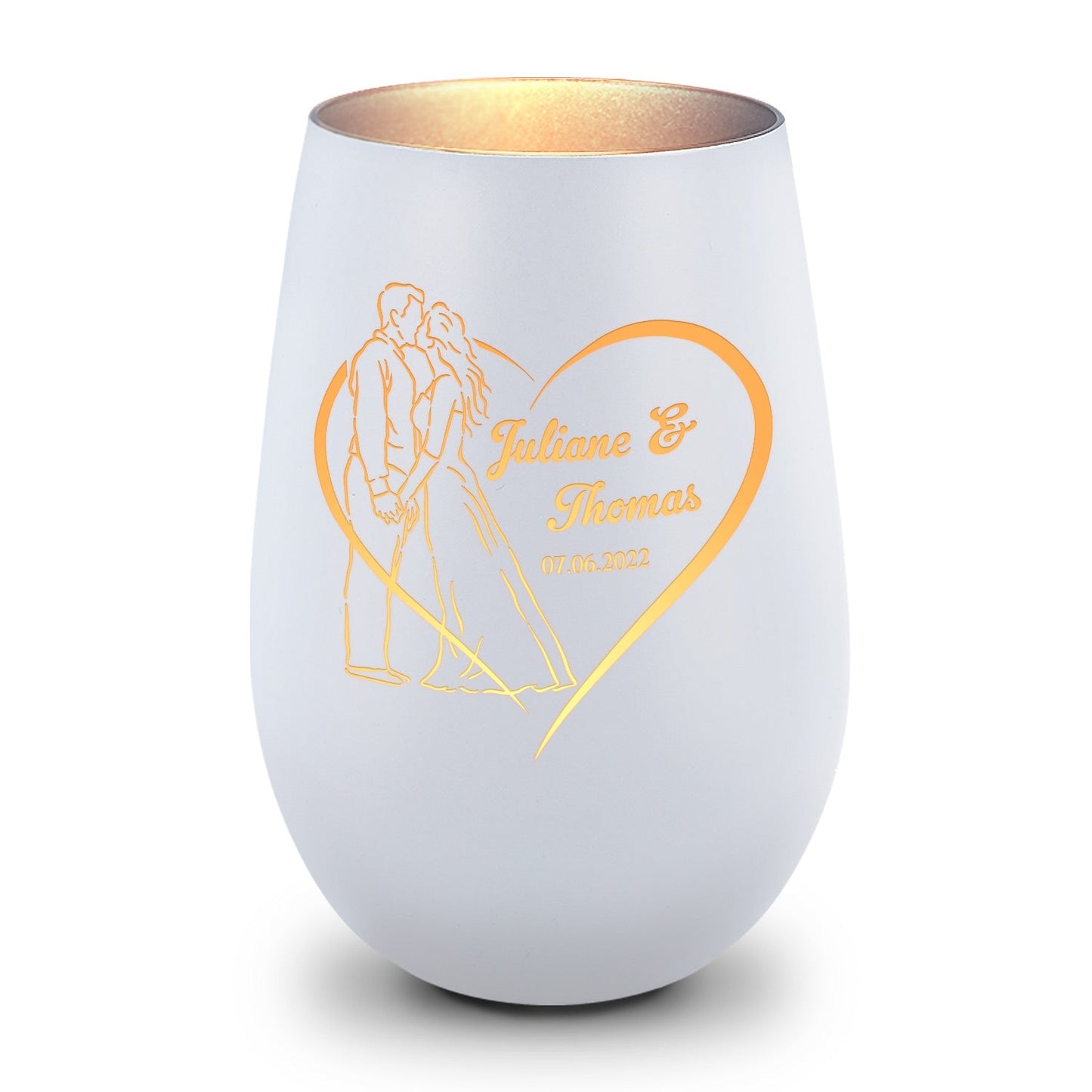 Deko Windlicht aus Glas mit Gravur - Hochzeitskuss - Personalisiert mit Namen & Datum