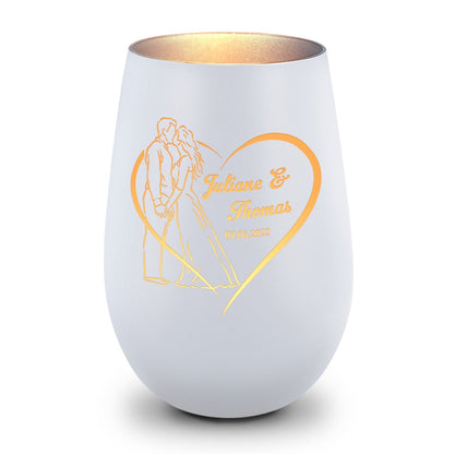 Deko Windlicht aus Glas mit Gravur - Hochzeitskuss - Personalisiert mit Namen & Datum
