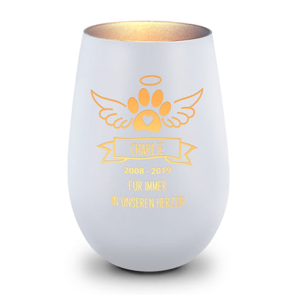 Deko Windlicht aus Glas mit Gravur - Pfotenengel - Personalisiert mit Namen & Datum