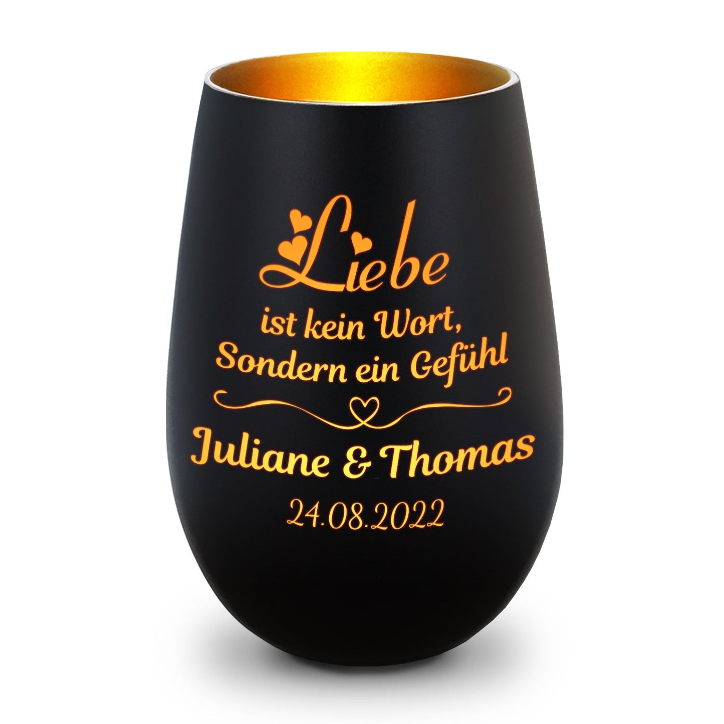 Deko Windlicht aus Glas mit Gravur - Liebe ist kein Wort - Personalisiert mit Namen & Datum