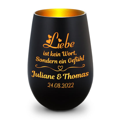 Deko Windlicht aus Glas mit Gravur - Liebe ist kein Wort - Personalisiert mit Namen & Datum