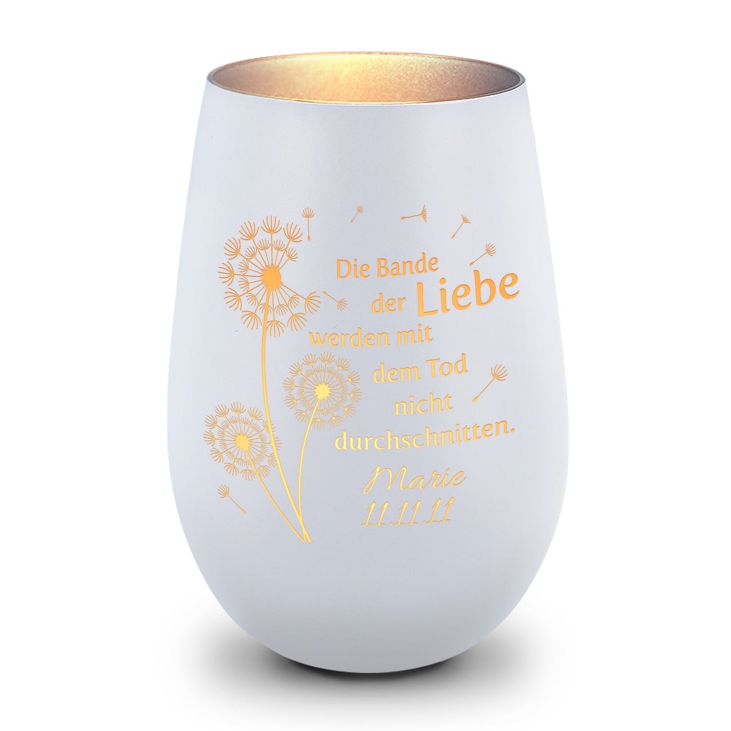 Deko Windlicht aus Glas mit Gravur - Pusteblumen - Personalisiert mit Namen & Datum