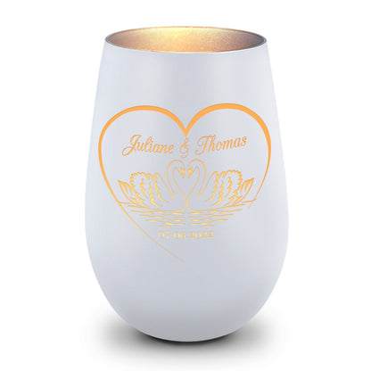 Deko Windlicht aus Glas mit Gravur - Schwanenherz - Personalisiert mit Namen & Datum