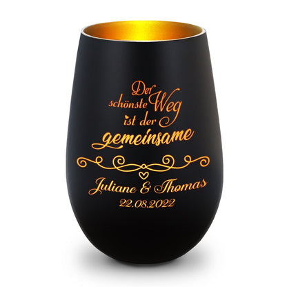 Deko Windlicht aus Glas mit Gravur - Der schönste Weg ist der gemeinsame - Personalisiert mit Namen