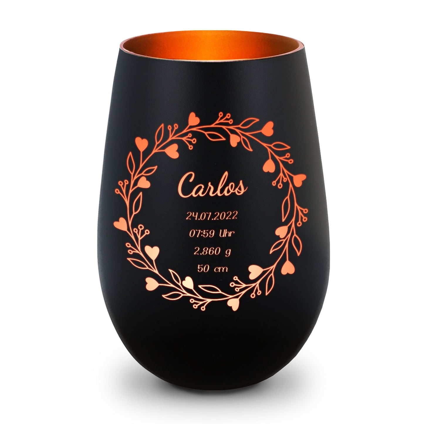 Deko Windlicht aus Glas mit Gravur - Geschenk zur Geburt - Personalisiert mit Namen
