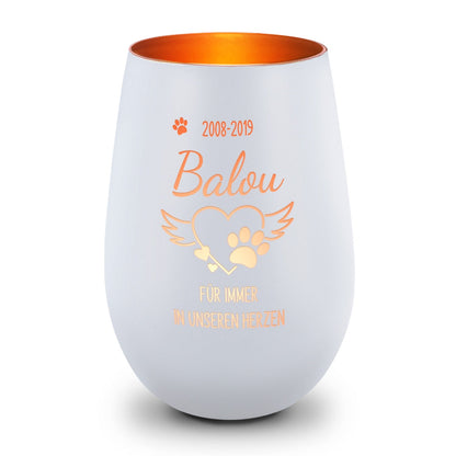Deko Windlicht aus Glas mit Gravur - Pfotenherz - Personalisiert mit Namen & Datum - Trauerlicht