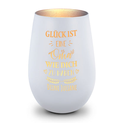 Deko Windlicht aus Glas mit Gravur - Glück ist eine Oma wie Dich zu haben - Personalisiert mit Namen