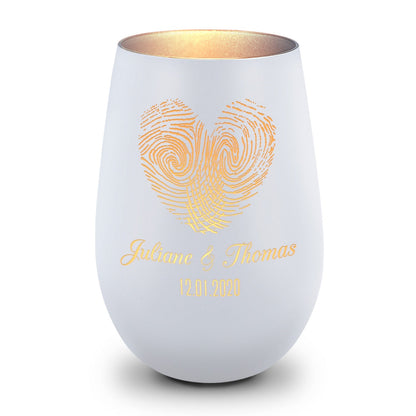 Deko Windlicht aus Glas mit Gravur - Herz Fingerabdruck - Personalisiert mit Namen & Datum