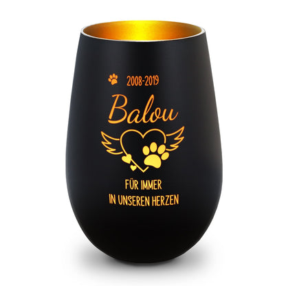 Deko Windlicht aus Glas mit Gravur - Pfotenherz - Personalisiert mit Namen & Datum - Trauerlicht