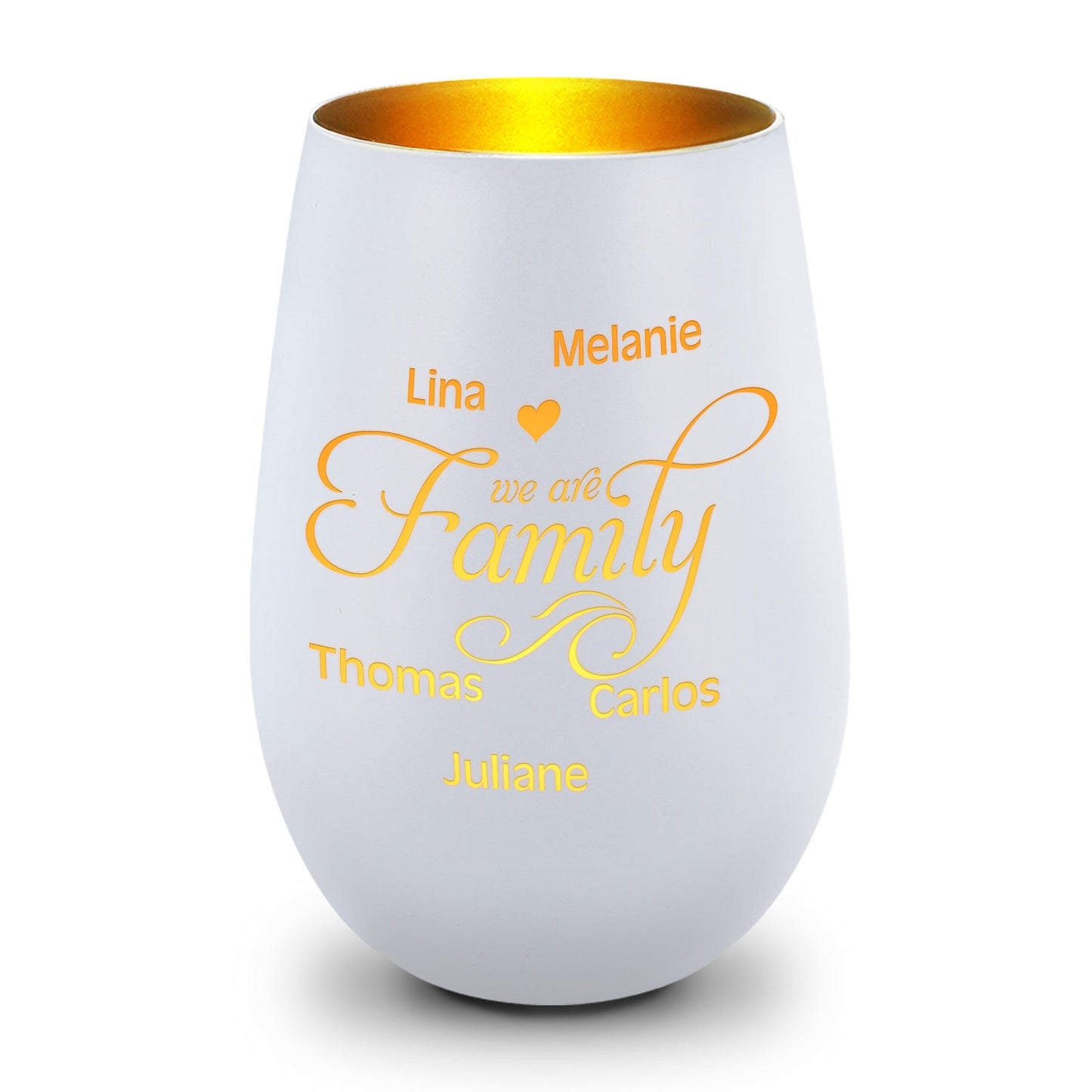 Deko Windlicht aus Glas mit Gravur - We are Family - Personalisiert mit bis zu fünf Namen