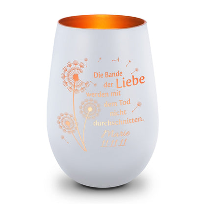 Deko Windlicht aus Glas mit Gravur - Pusteblumen - Personalisiert mit Namen & Datum