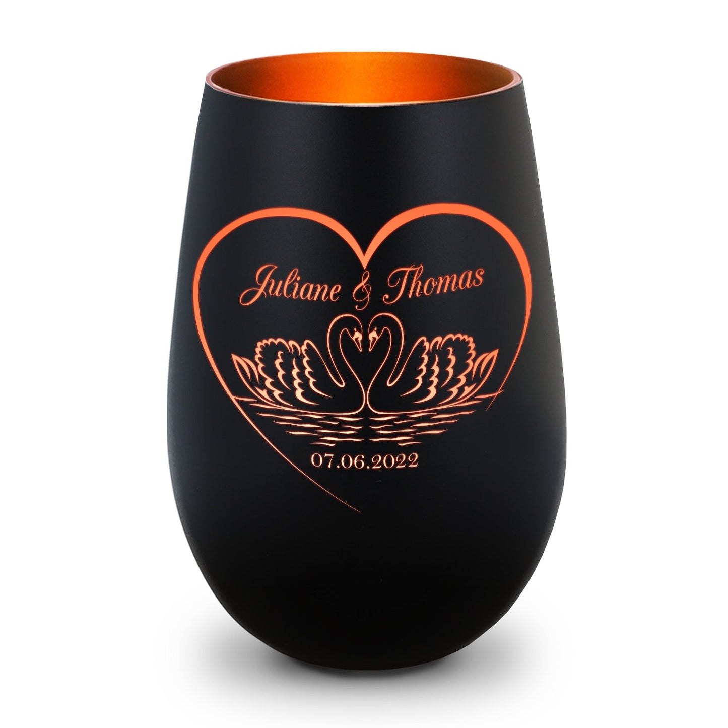 Deko Windlicht aus Glas mit Gravur - Schwanenherz - Personalisiert mit Namen & Datum