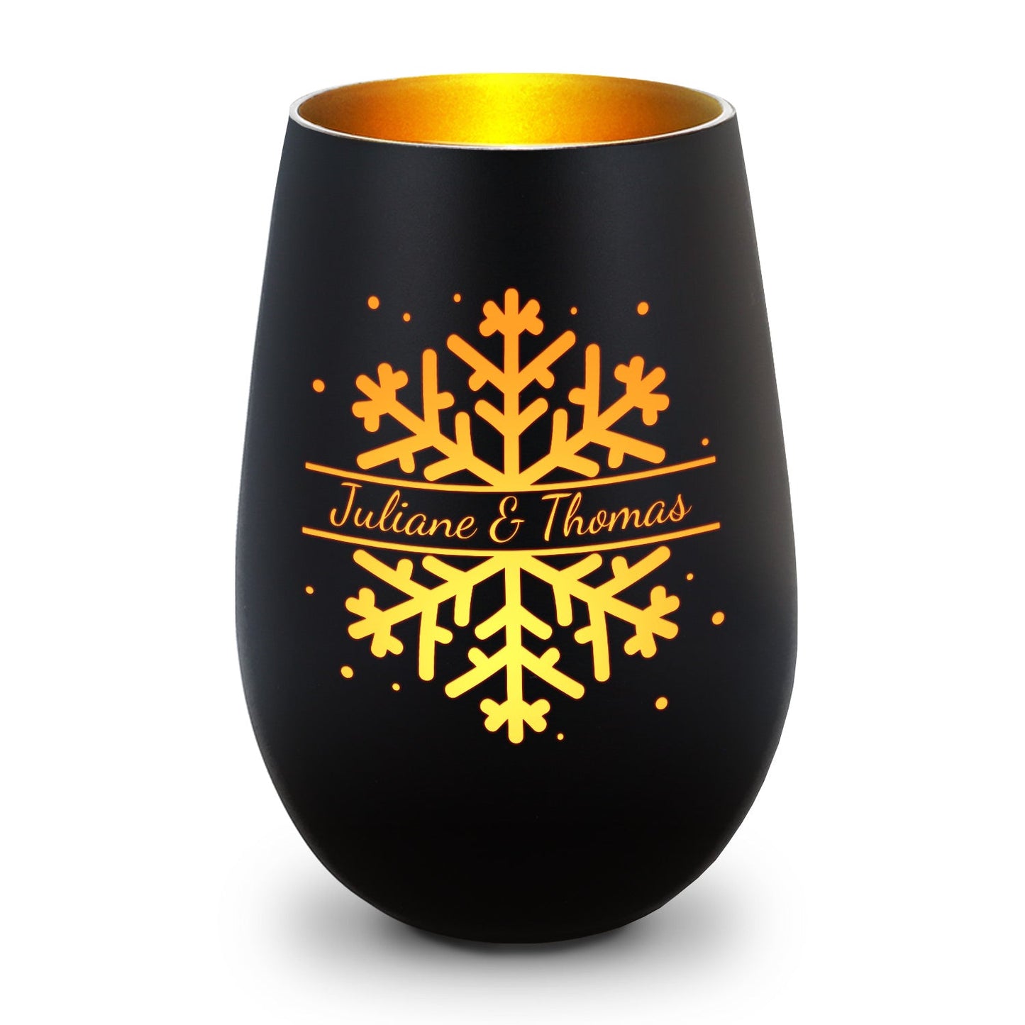 Deko Windlicht aus Glas mit Gravur - Schneeflocke - Personalisiert mit Namen - Geschenk zu Weihnacht
