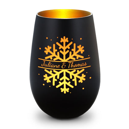 Deko Windlicht aus Glas mit Gravur - Schneeflocke - Personalisiert mit Namen - Geschenk zu Weihnacht