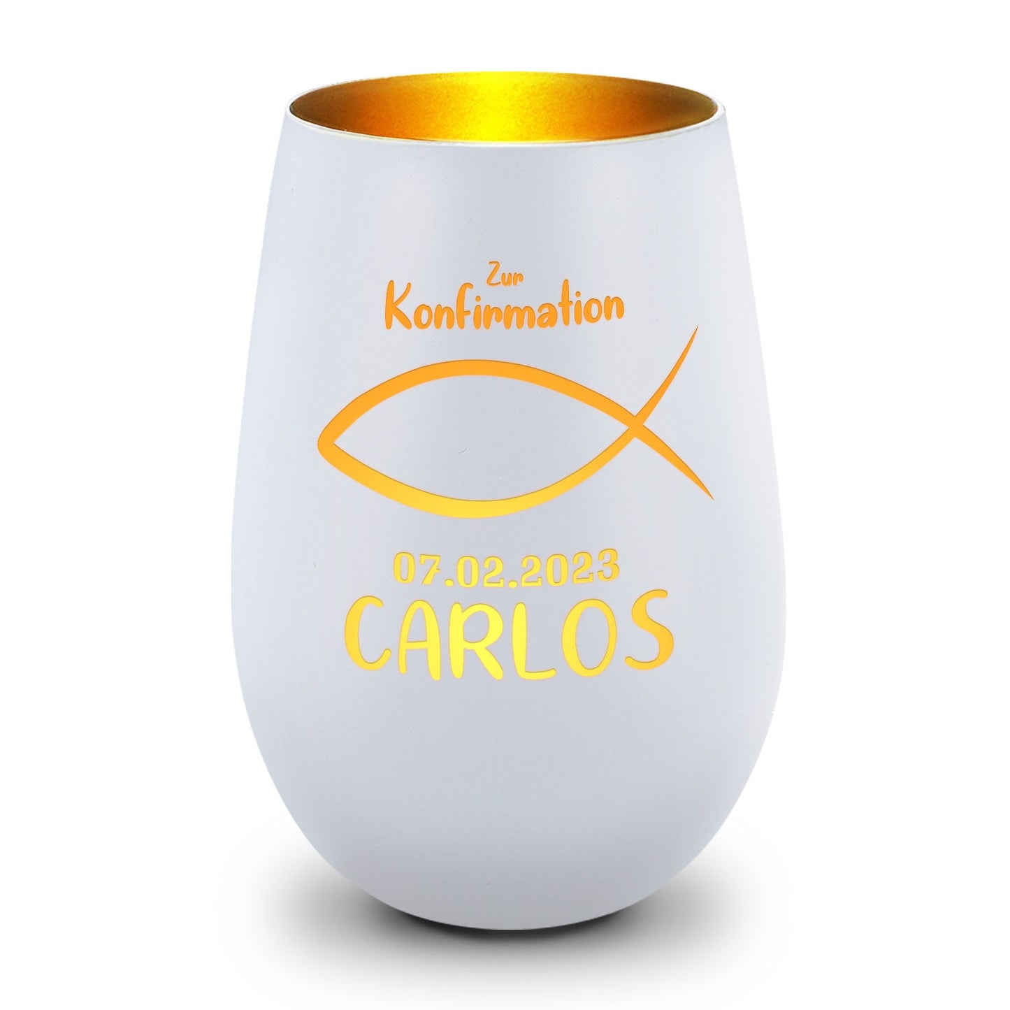 Deko Windlicht mit Gravur - Fisch Design - Zur Kommunion Konfirmation oder Taufe - Mit Namen & Datum