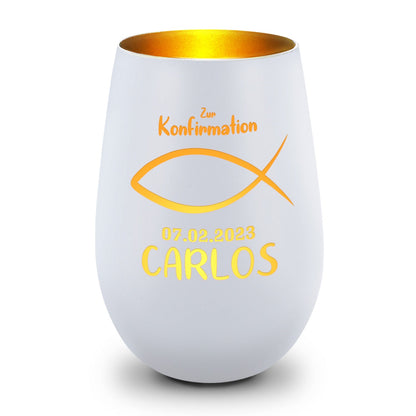 Deko Windlicht mit Gravur - Fisch Design - Zur Kommunion Konfirmation oder Taufe - Mit Namen & Datum