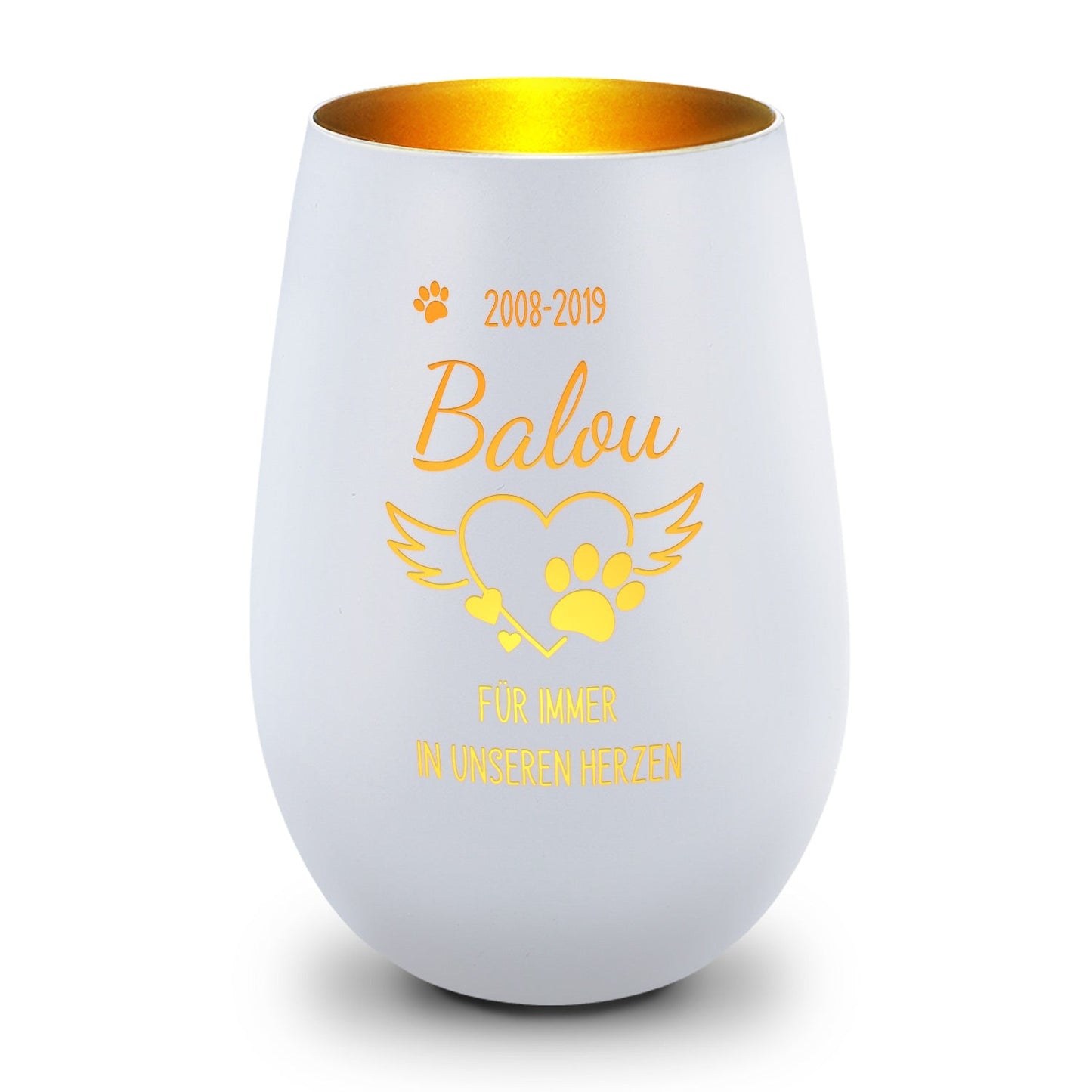 Deko Windlicht aus Glas mit Gravur - Pfotenherz - Personalisiert mit Namen & Datum - Trauerlicht