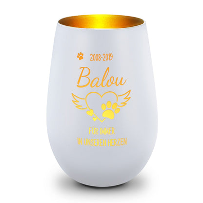 Deko Windlicht aus Glas mit Gravur - Pfotenherz - Personalisiert mit Namen & Datum - Trauerlicht