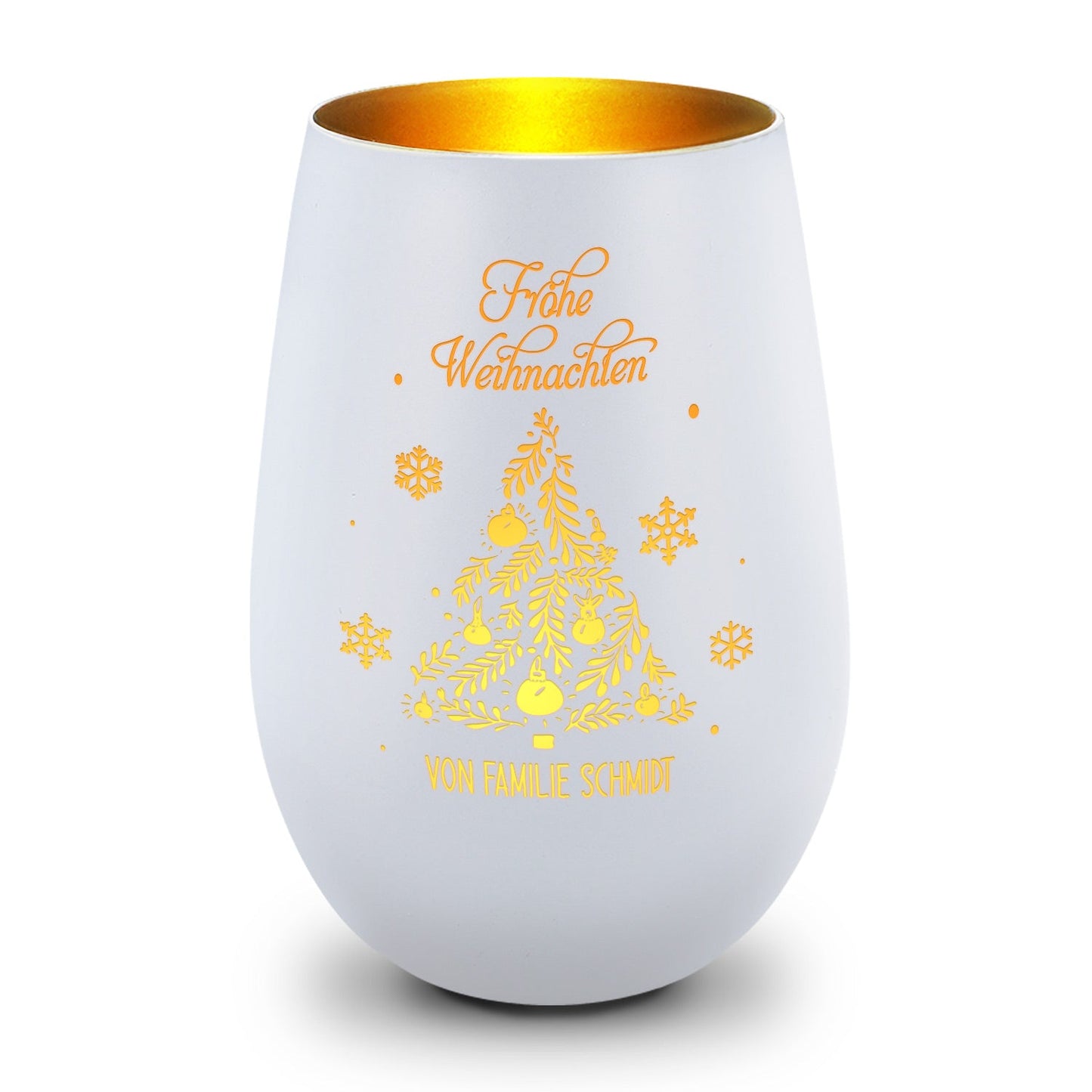 Deko Windlicht aus Glas mit Gravur - Frohe Weihnachten - Personalisiert mit Namen