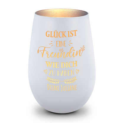 Deko Windlicht aus Glas mit Gravur - Glück ist eine Freundin wie Dich zu haben - Personalisiert mit