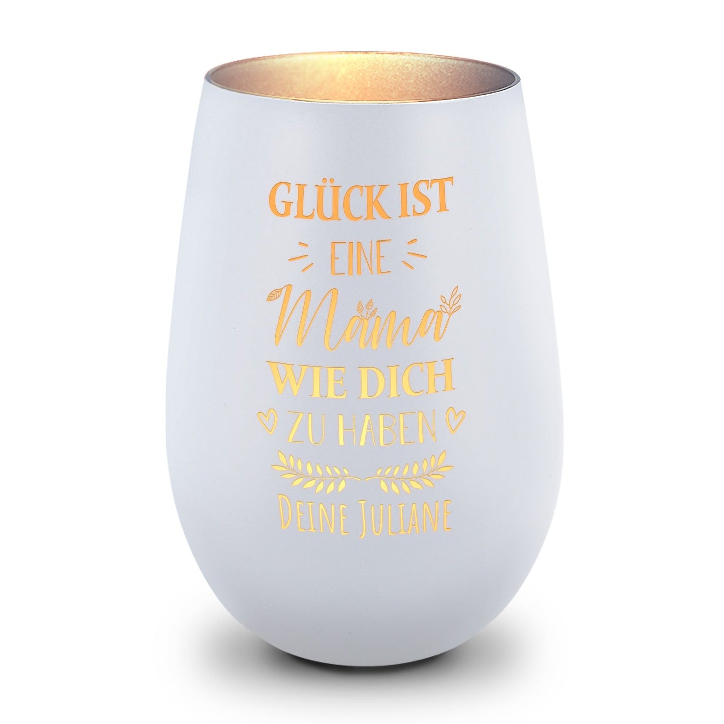 Deko Windlicht aus Glas mit Gravur - Glück ist eine Mama wie Dich zu haben - Personalisiert mit Name