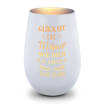 Deko Windlicht aus Glas mit Gravur - Glück ist eine Mama wie Dich zu haben - Personalisiert mit Name