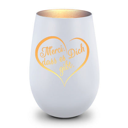 Deko Windlicht aus Glas mit Gravur - Merci dass es Dich gibt - Beidseitig graviertes Herzmotiv