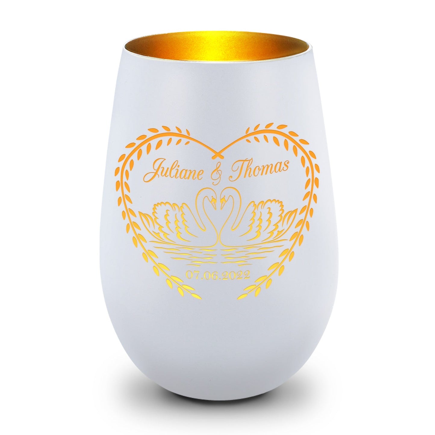 Deko Windlicht aus Glas mit Gravur - Schwanenherz v2 - Personalisiert mit Namen & Datum